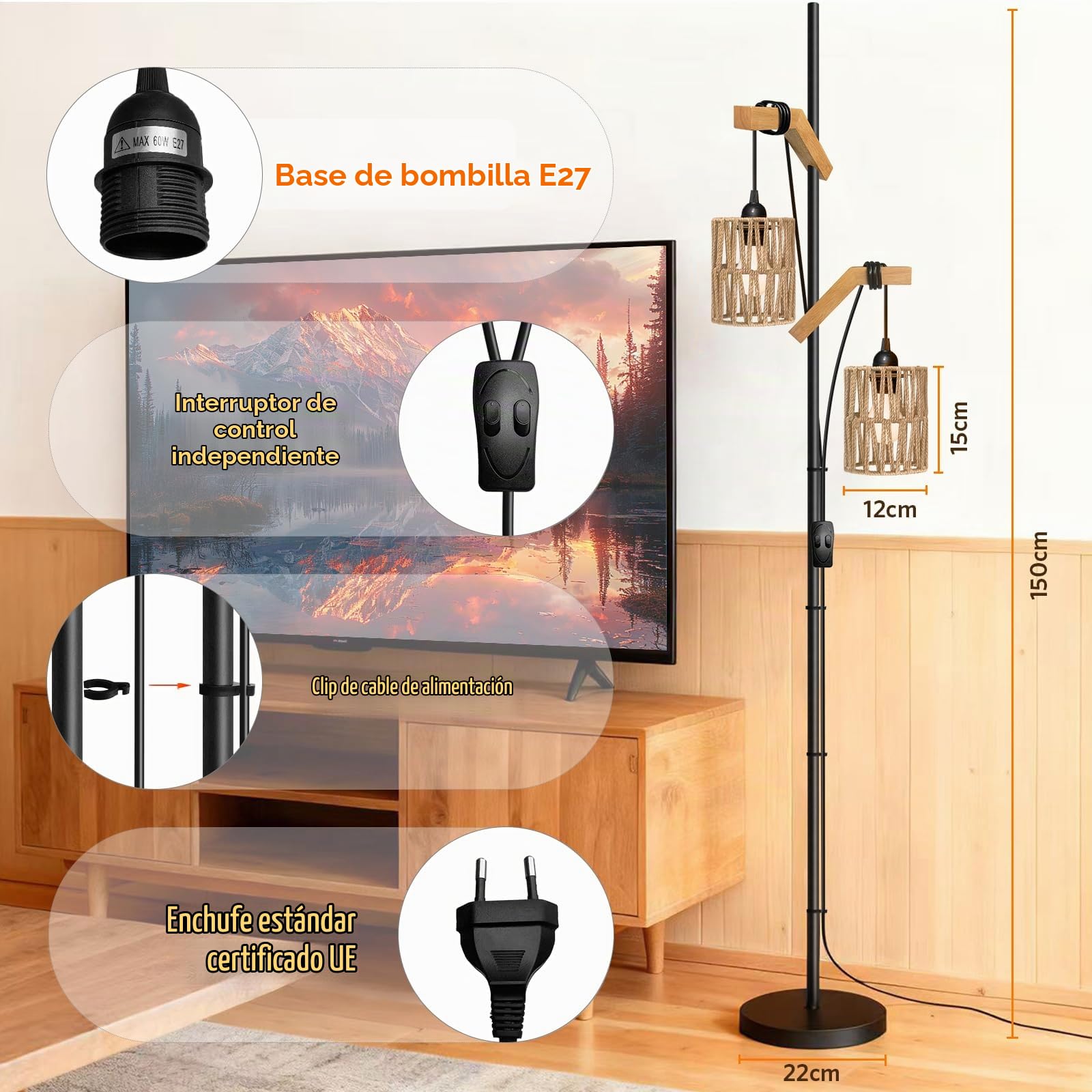 BBHome Lámpara de Pie de Ratán para Salón, lampara de pie de Madera de 2 Luces en Metal, lampara salon Boho con Pantalla de Ratán, lamparas Industrial para Dormitorio Oficina, Bombilla no Incluida