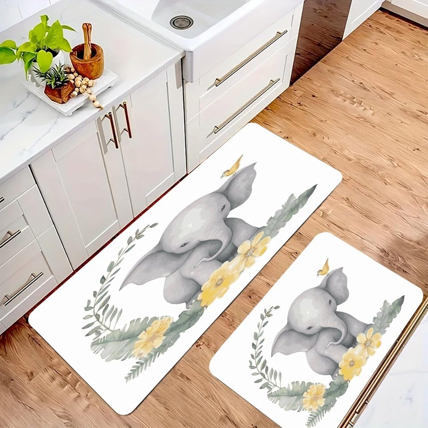 Elephant with Wreath Kitchen Mat Kitchen Rug Set | Kitchen Rugs Flannel Velvety Washable breathable Water Absorbent Soft ，kitchen utensils for Kitchen, Floor,Laundry