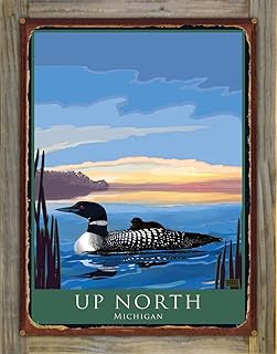Up North Michigan Loon & Chick Rustic Metal Print on Reclaimed Barn Wood from Illustration by Artist Joanne Kollman 17" x 23"