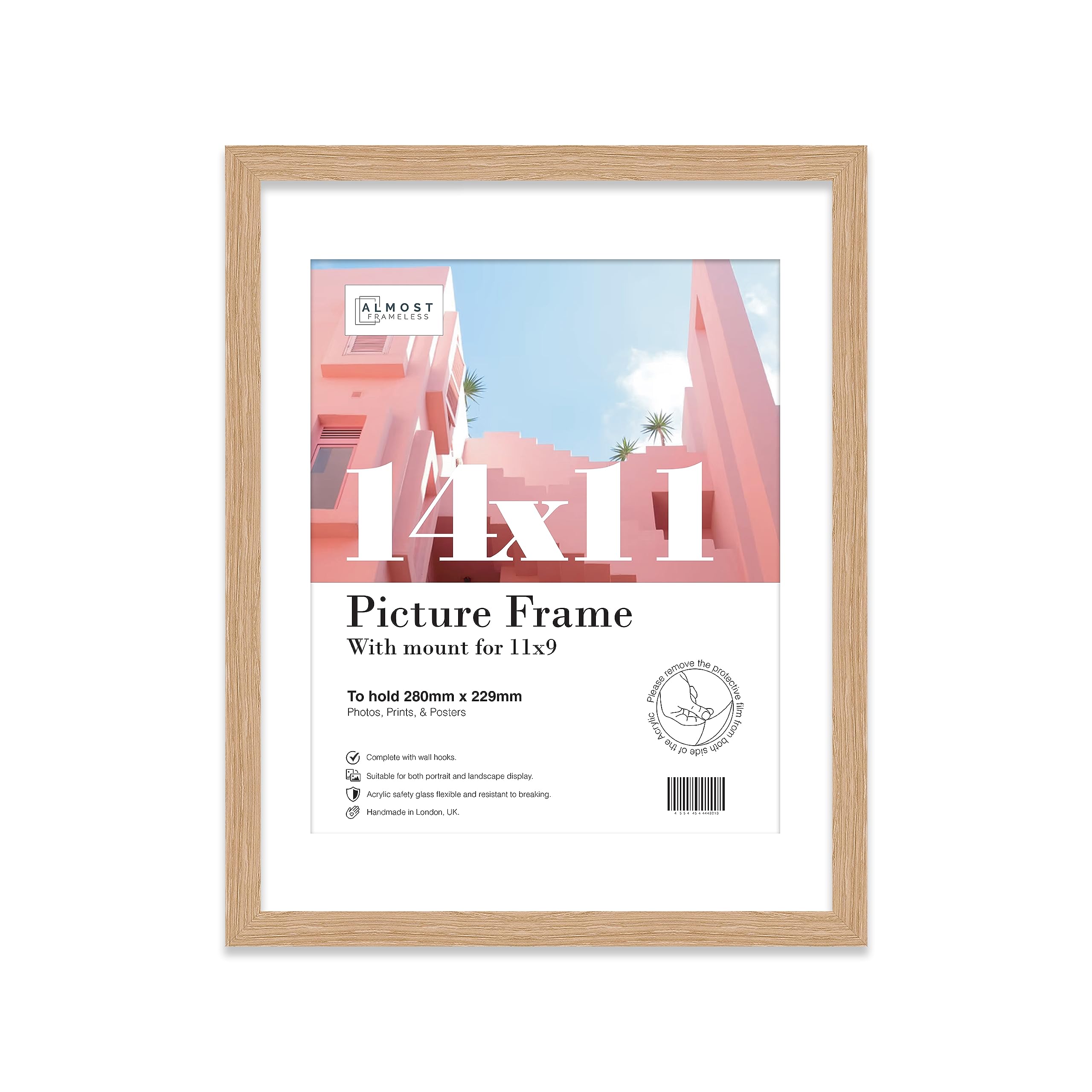 Almost Frameless 14x11 Oak Picture Frame With Mount for 11x9 Print, Poster or Photo Poster, Photo, Artwork, or Print. Thin Edge Slim Frame Portrait and Landscape Display with Wall Hooks