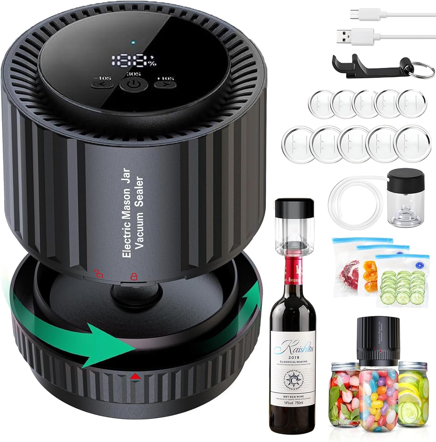 Vacuum jar sealer for mason jars,4 in1 Electric Mason Jar Vacuum Sealer Kit,Automatic Suction Stop Food Storage Vacuum Sealer Compatible with Vacuum Bags,Wine Bottle,Wide and Regular Mouth Mason Jars