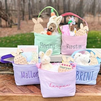 Personalized Easter Basket,Kids Easter Basket,Custom Embroidered Name Seersucker Easter Basket,Bunny Egg Basket for Baby Girl and Boy Custom Gift Baskets Pink