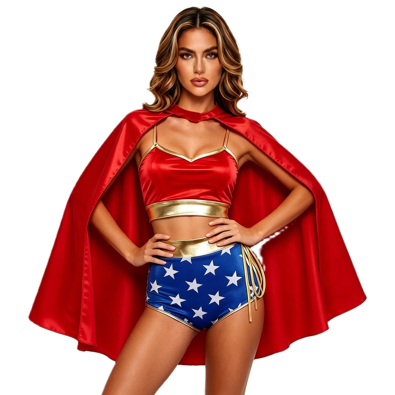 Gliswaieuznd Women's Halloween Cosplay Costume Tops Star Mini Shorts and Cloak Set (Red, L)