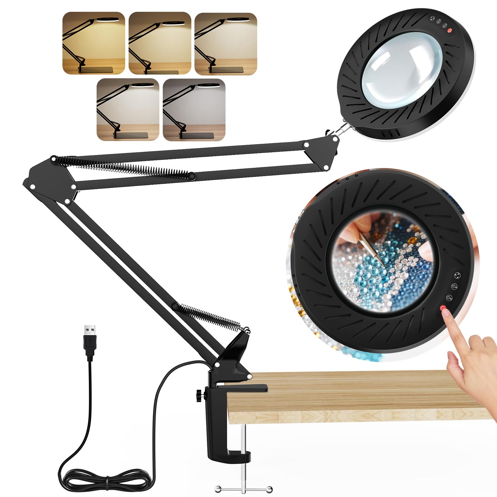 RealPlus 10X Magnifying Glass Lamp with Stand, 5-Colour & Seamless Dimming, Adjustable Arm, 4.3" Genuine Glass Lens