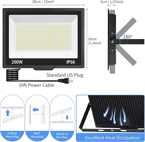 Miniatura 6 de Luz de inundación LED de 200 W para exteriores con enchufe+cable de 10 pies, luces de seguridad superbrillantes de 24000 lúmenes, luz de trabajo LED