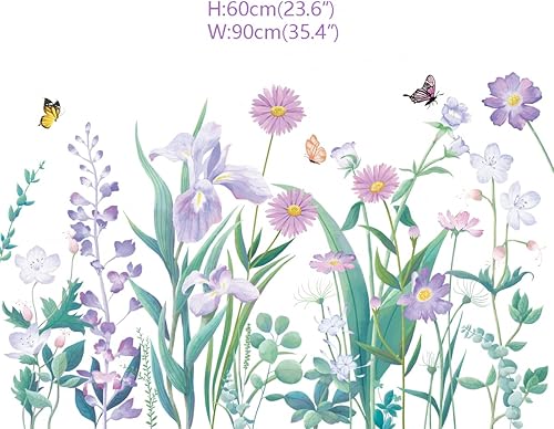 Miniatura 4 de Runtoo Pegatinas de pared con diseño de flores moradas, diseño de mariposas, jardín, para niñas, dormitorio, baño, cuarto de bebé, decoración de