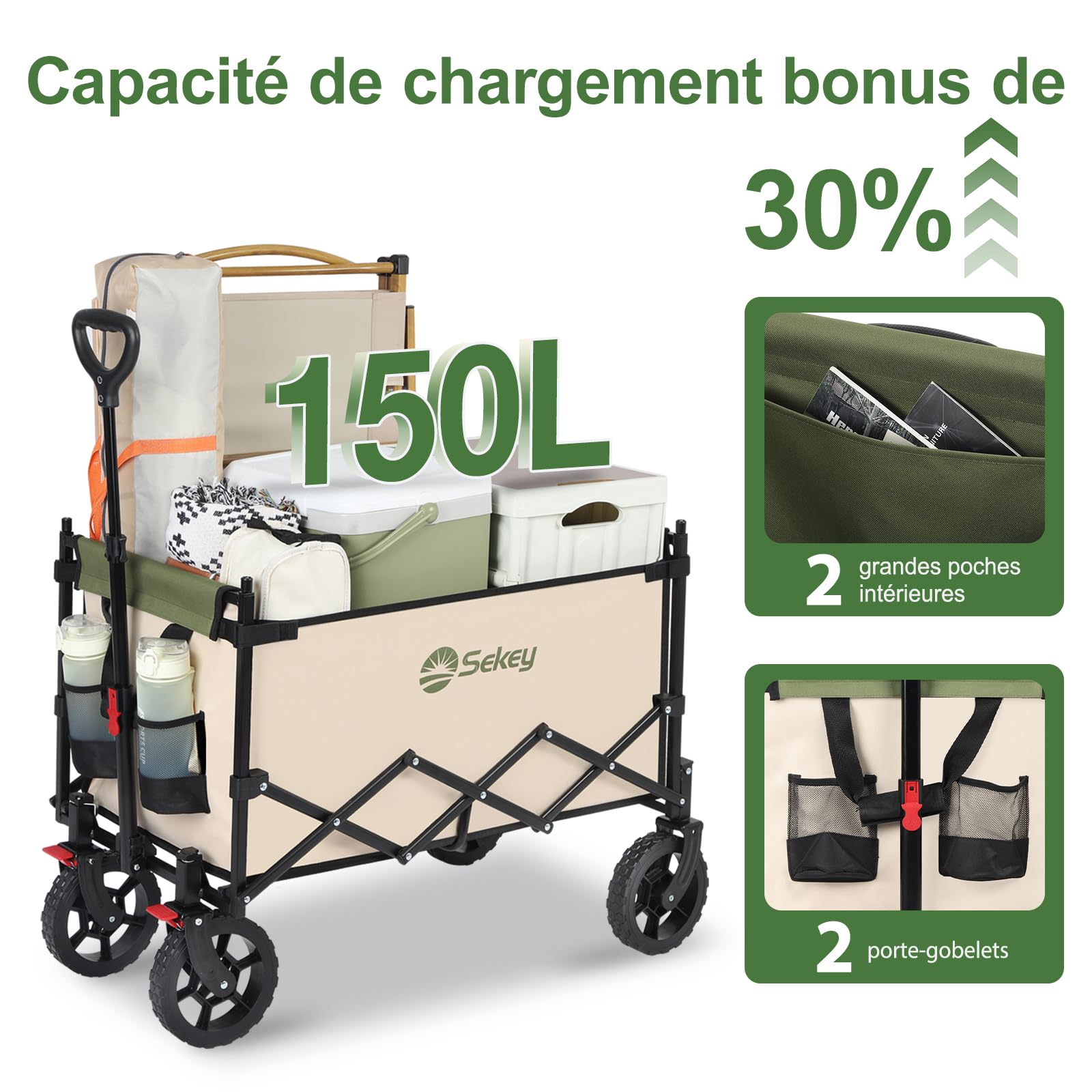 Sekey Chariot de Transport XXL Pliable pour Enfant 150 l 150 kg avec Toit Chariot à Main Pliable avec Protection solaire pour Excursion, Plage, Camping, Toit S 4018, Vert écologique