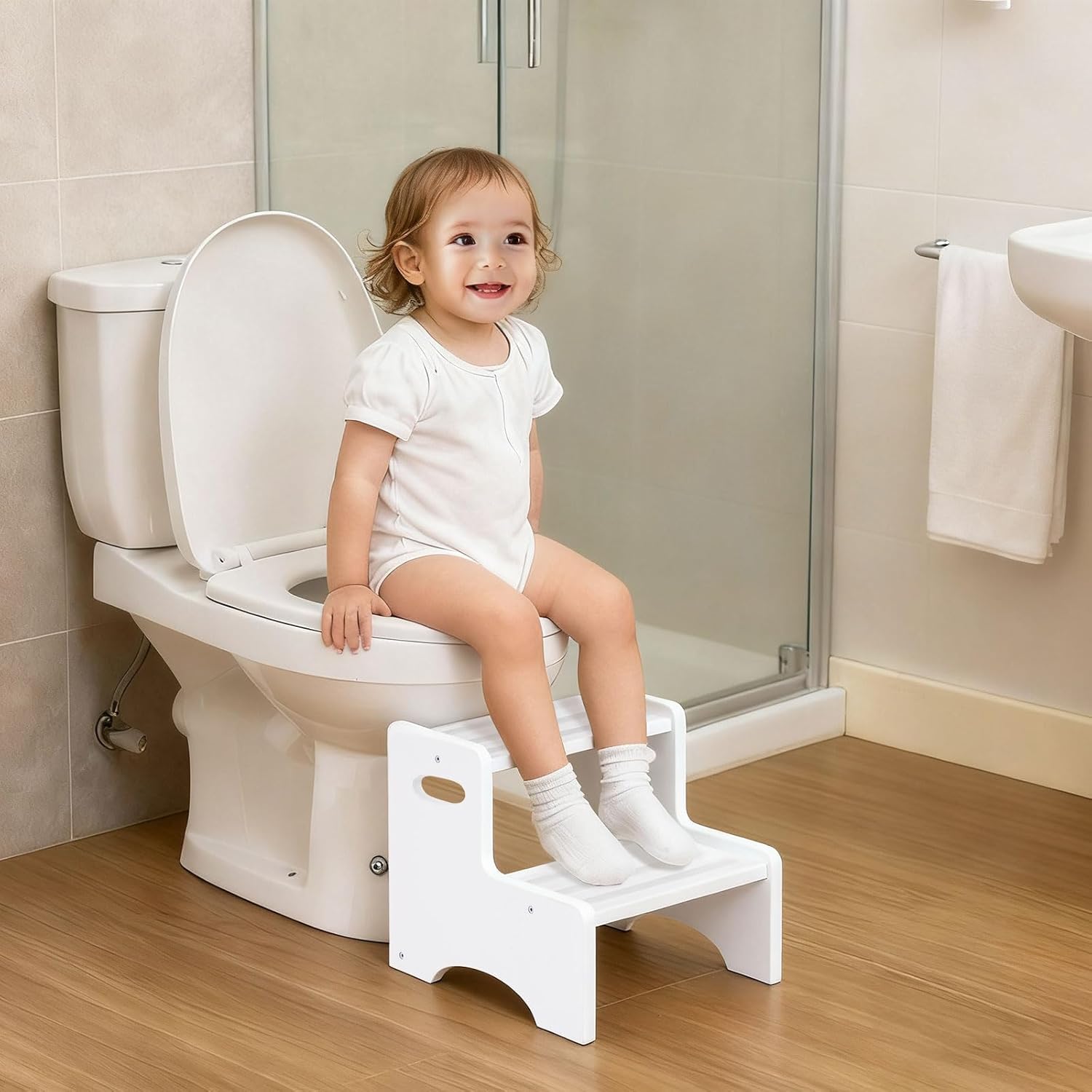 Wooden Toddler Step Stool for Kids, Two Step Stool with Non-Slip Pads & Handles, Potty Training Stool for Bathroom Sink, Toilet, Kitchen, Bedroom (White)
