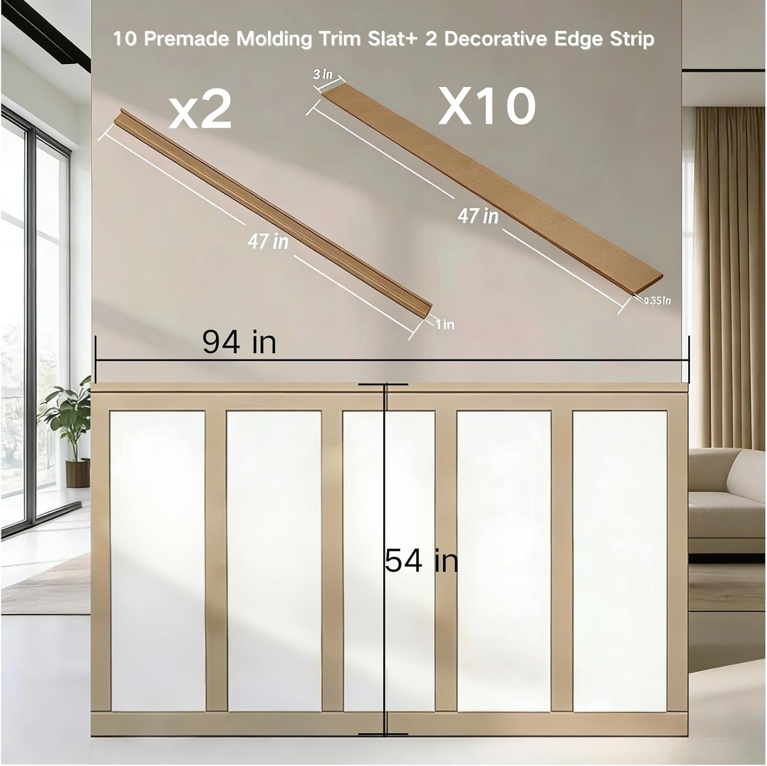 1 Set 94.5 in x 54 in MFD Board and Batten, Paintable Wainscoting Kit,Molding Trim Slat with Edge Strip?Premade Accent Wall Panel for DIY Kitchen Bedroom Living Room Home Decor Covers (94.5 x 54 Inch) 94.5"L x 54"W
