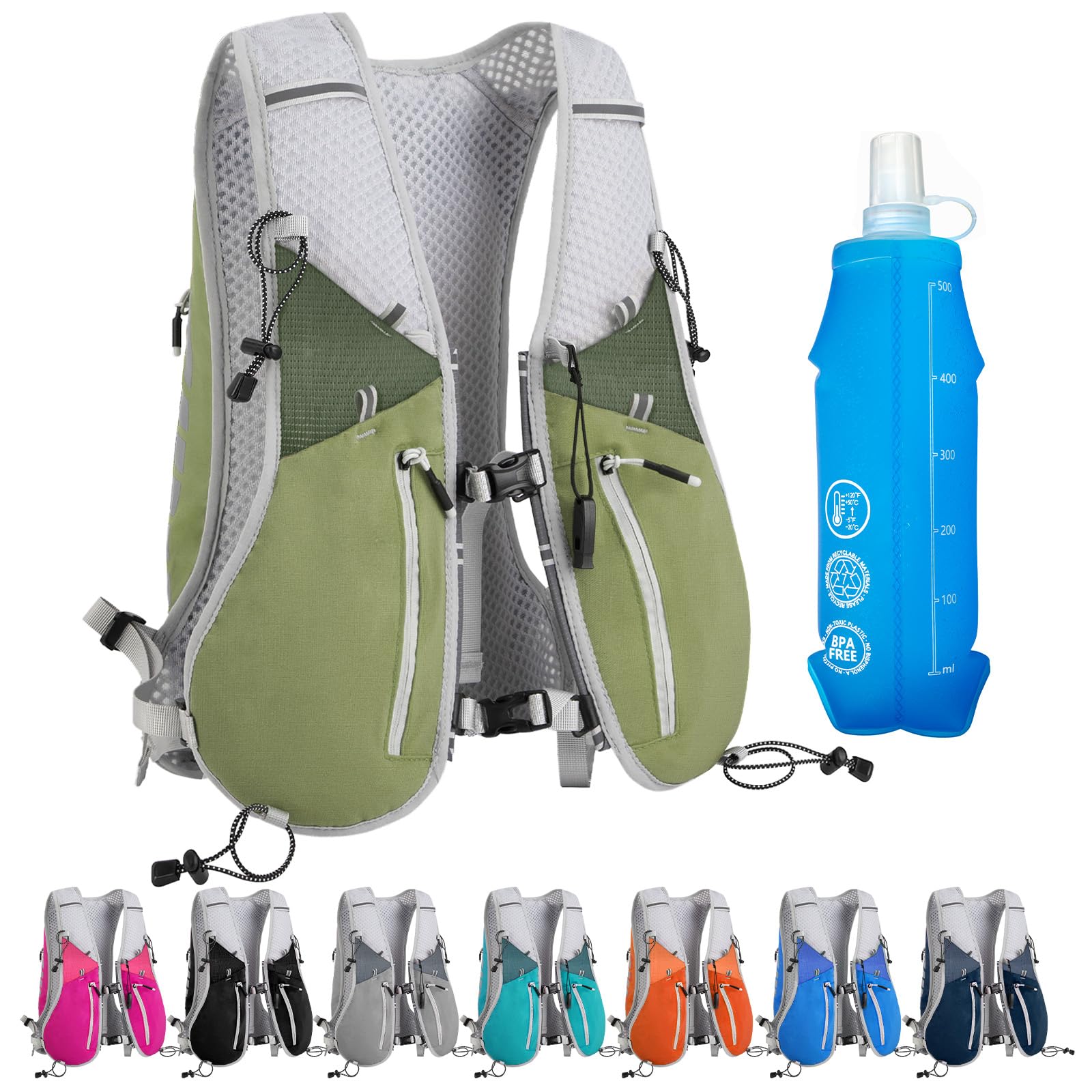 Zounich Laufweste mit 500ml Trinkflasche, Ultraleicht Laufweste für Damen und Herren, Multifunktionale Trinkrucksack 7L, Reflektierende Laufrucksack, für Laufen, Marathon, Radfahren