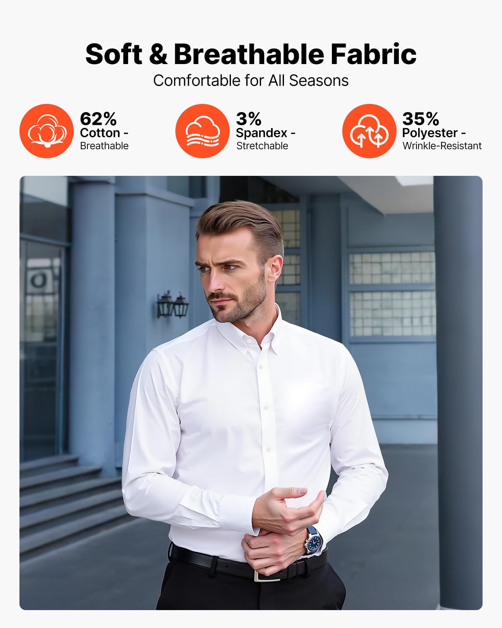 VEVOR Chemise Boutonnée Homme Manches Longues Infroissable, Coupe Ajustée, Tissu Respirant Extensible Doux, Style Décontracté ou Formel, pour Voyage d'Affaire, Travail, Mariage, Dîner, Blanc, Taille L