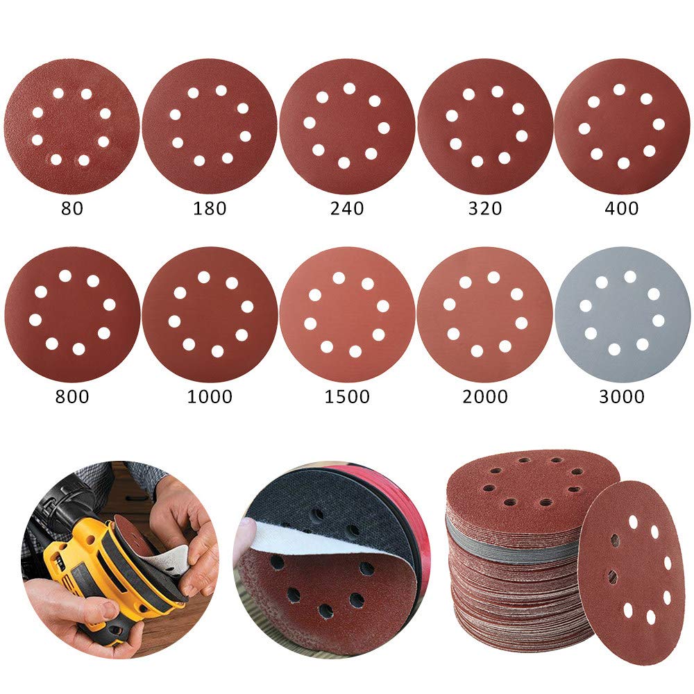 100pcs 125mm Papel de lija de forma redonda Discos de lijado Gancho de bucle Papel de lijado Hoja de pulido Papel de lija Lijadora de 8 orificios Almohadilla de pulido, como se muestra