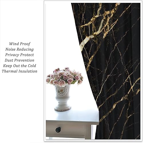 Miniatura 5 de Cortinas de mármol negro dorado, textura de tinta agrietada, lámina dorada a rayas, decoración abstracta de lujo, 2 paneles de 42 x 45 pulgadas