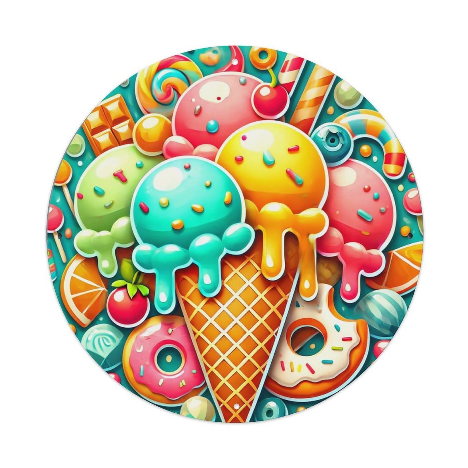 Ice Cream Candy Donut Sweet Treat Vintage Round Tin Sign Retro Metal Wall Decor Metal Poster, Home Bar Garage Cafe Wall Art Decoration 8x8Inches