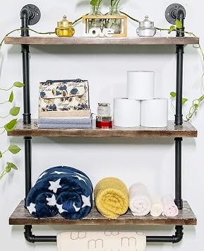 Bathroom Pipe Shelves with Towel Bar Industrial Pipe Shelving ,3Tier 24 inch Retro Rustic Farmhouse Pipe Industrial Wall Shelves Bathroom Shelves Over Toilet for Storage