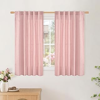 BGment Short Light Pink Linen Curtains 45 Inch Length, Light Filtering Drapes with Rod Pocket Back Tab Privacy for Kitchen Living Room Window, 2 Panels, 42 Inch Wide Each Panel
