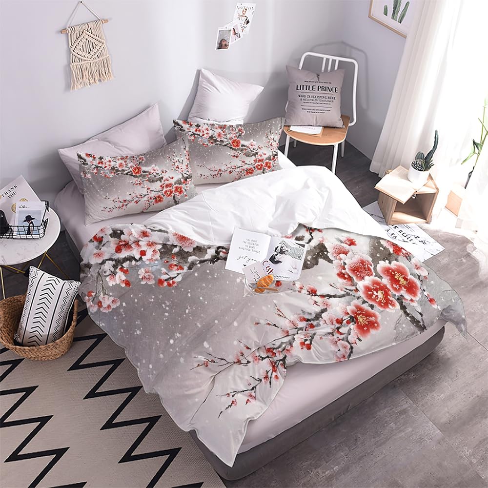 Parure De Lit 220x240 Enfant Fleurs De Cerisier Housse De Couette Microfibre 2 Personnes avec Fermeture Éclair Rose Fleuri Hypoallergique Ensemble de Literie 3 pièces+ 2 Taies D'oreillers