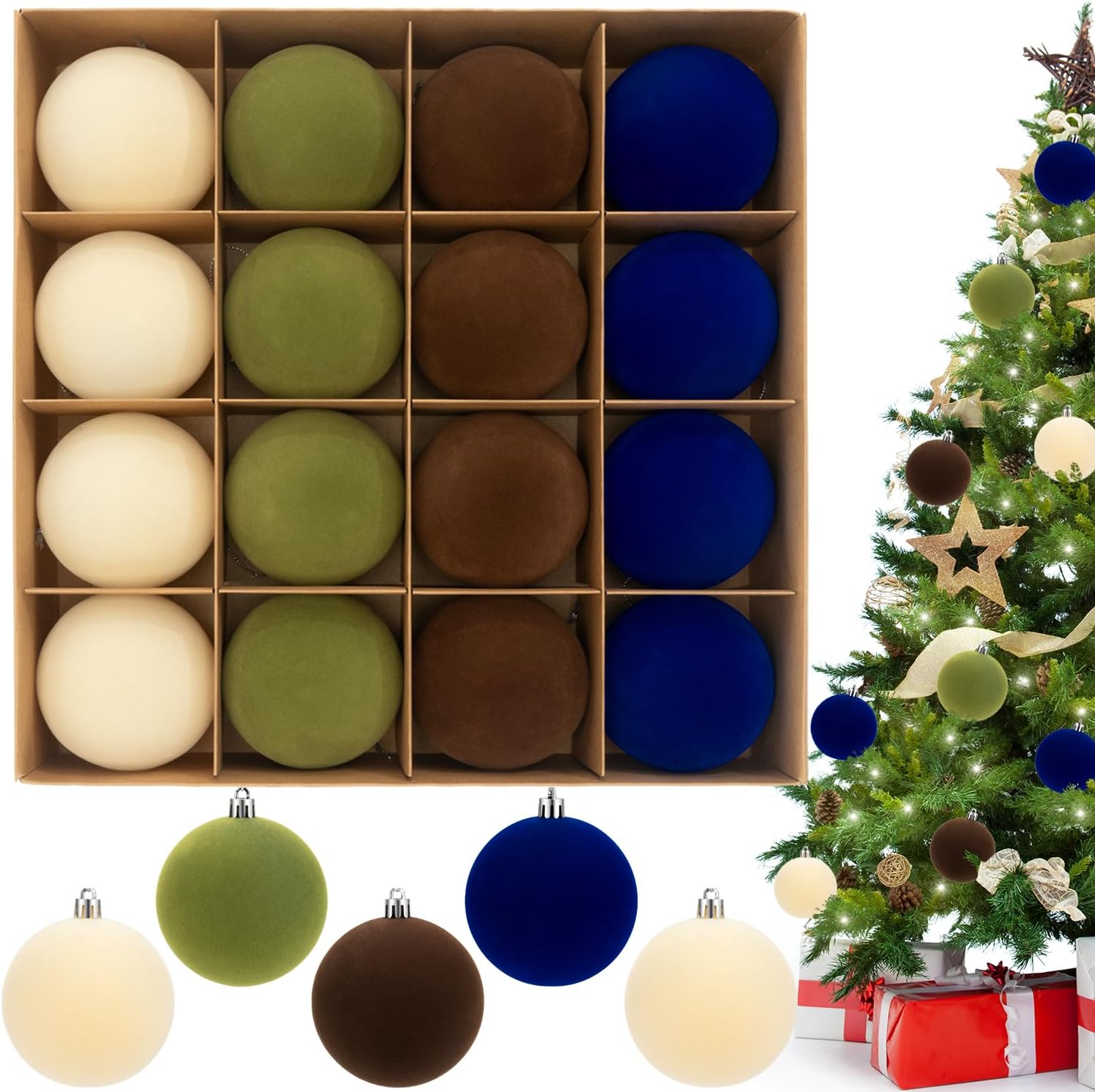 3.15" Velvet Christmas Ball Ornaments Set, 16 pcs Flocked Xmas Tree Decoration, Large Shatterproof Decorative Hanging Balls for Party Holiday Wreath Garland Home Décor (Blue Brown Green Cream) Multi Blue