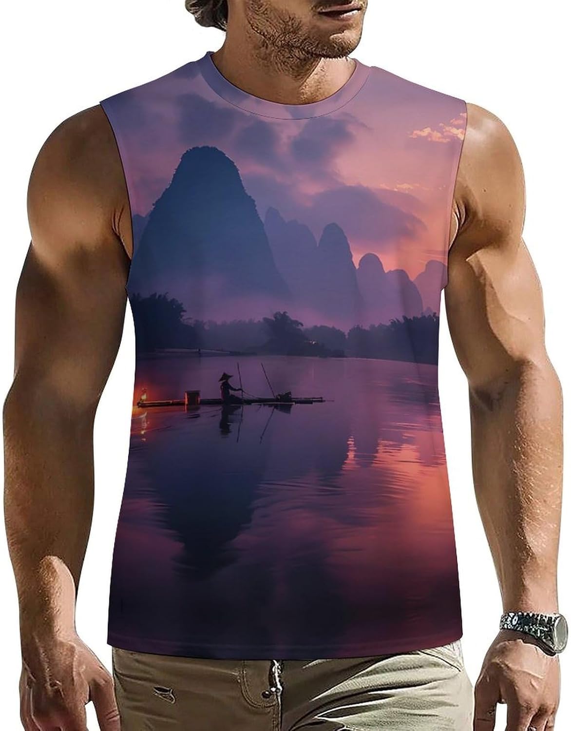 Li River and Karst Mountain Men Summer Sleeveless Crew Neck Top 5XL
