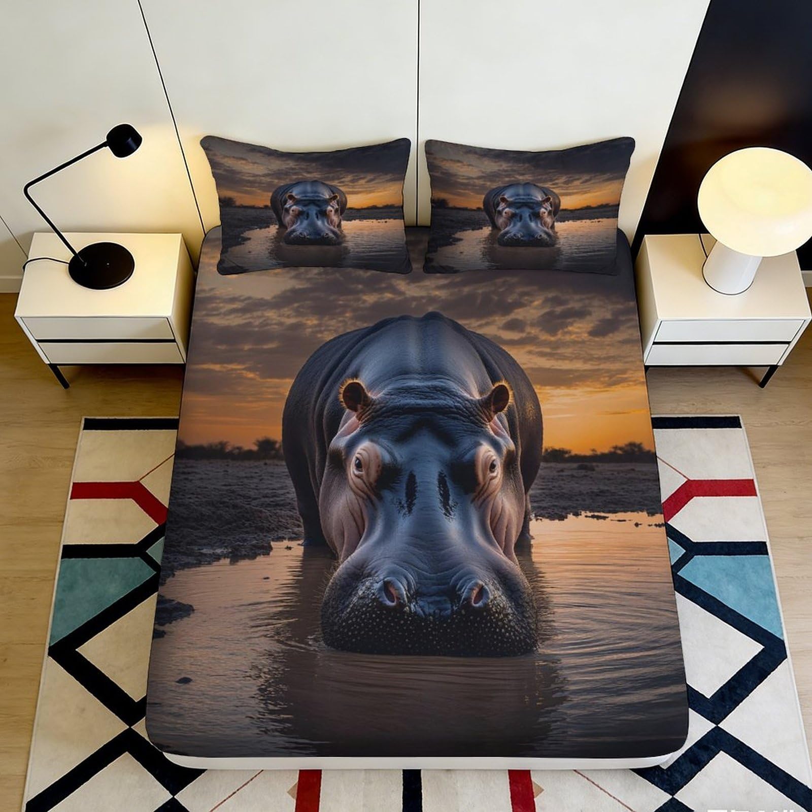 3D Printed Hippo Animal Fitted Sheet Microfiber Soft Durable Sunset Lake Bed Cover for Bedroom Dormitory Guest Room Mattress Protection 120x200x25cm