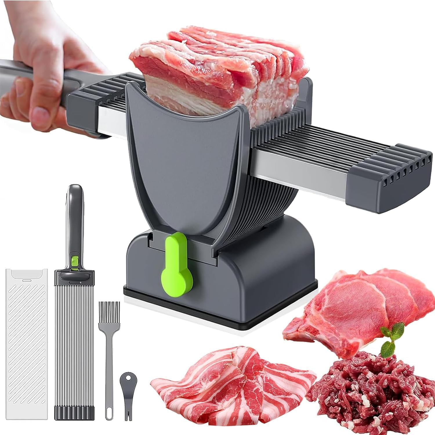GT-Rex Fresh Meat Slicer Manual, Adjustable 2mm/4mm Thickness, 17-in-1 Stainless Steel Knife Set, Beef, Chicken, Meat Cleavers can be Sliced, Striped (Not for Frozen/Deli Meat)-image-11