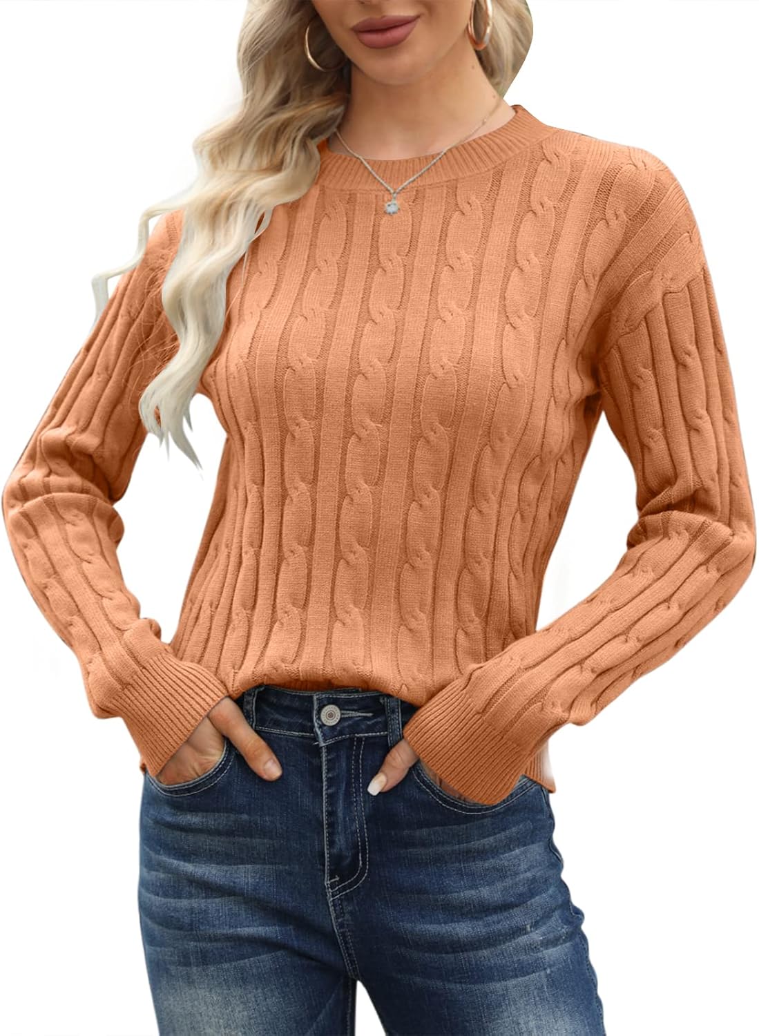 Esobo Women's Classic-fit Lightweight Cable Long Sleeve Mockneck Loose Casual Sweater Jumpers - Image 2