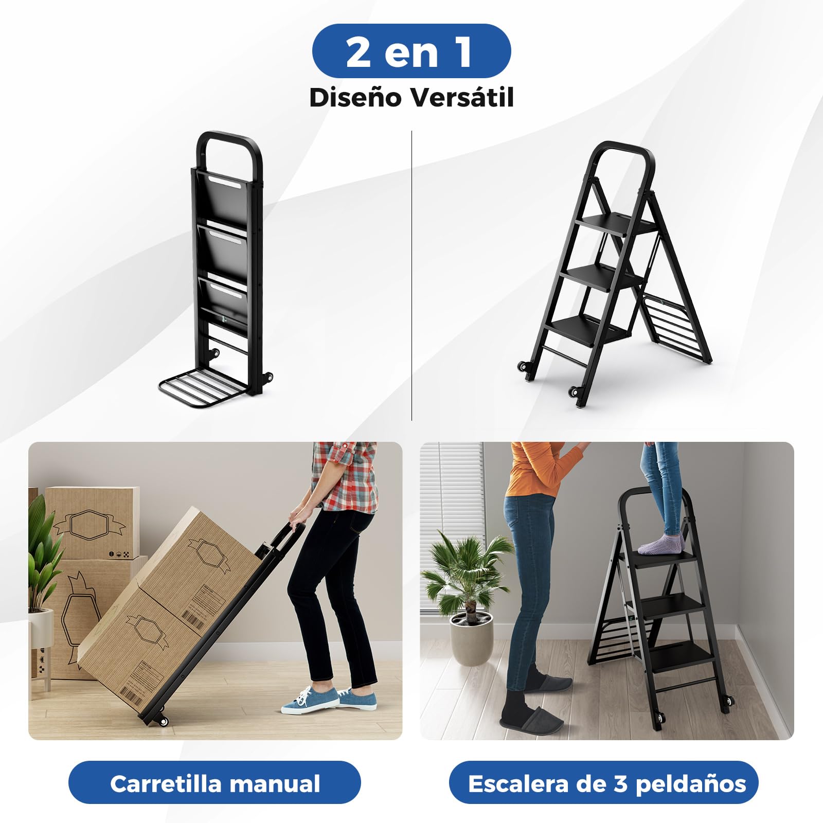 COSTWAY 2 en 1 Carretilla Plegable, Combinación de Carretilla de Mano & Escalera de 3 Peldaños, con 2 Ruedas y Bastidor Metálico Resistente, Carretilla Carga Máx 250 kg, Escalera Carga Máx 200 kg