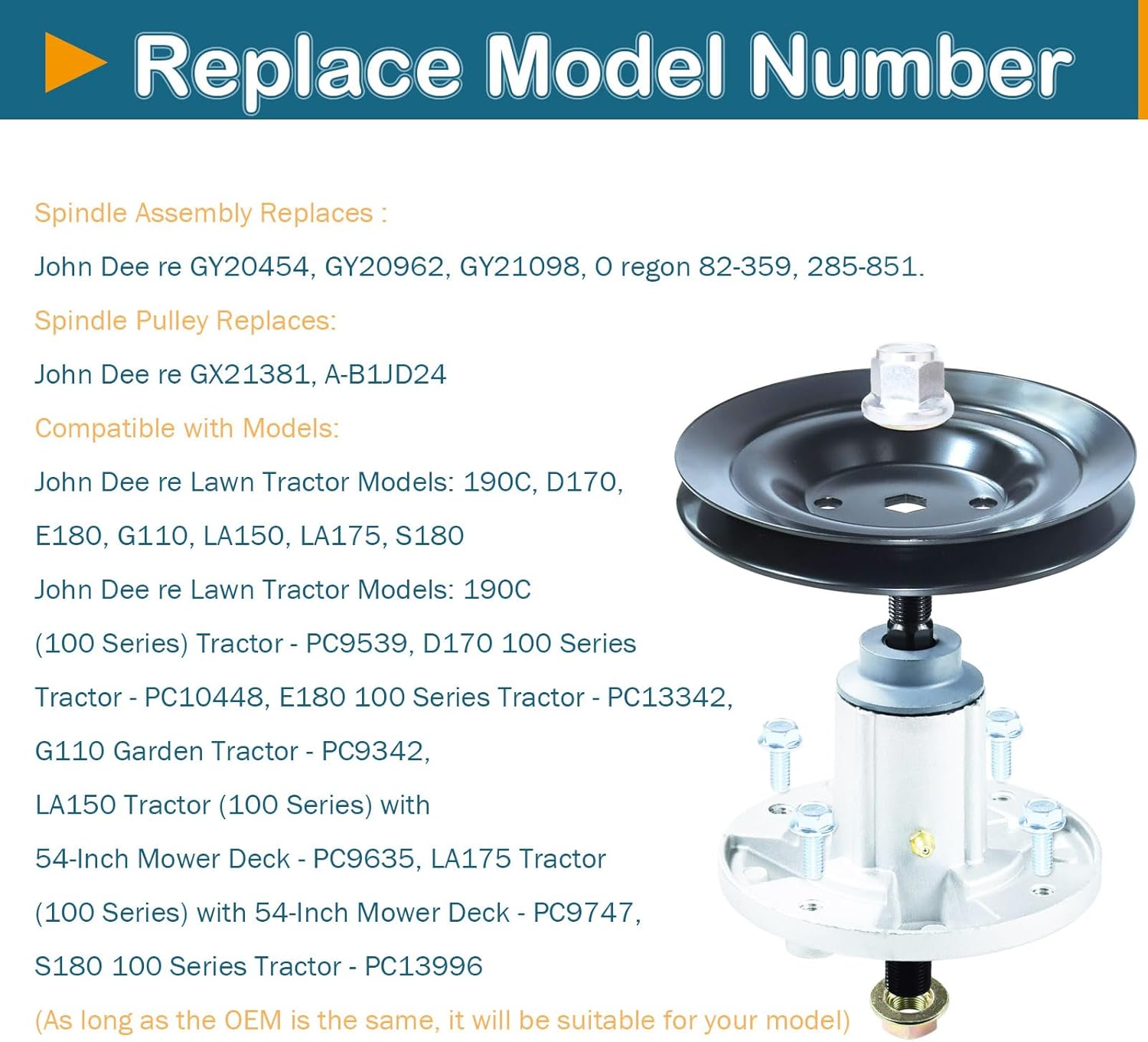 54'' Deck Spindle Assembly (GY21099 GY20867) Pulley (GX21381) Fits John Dee re D170, S180, 190C, 100, E180, LA150, G110,LA175