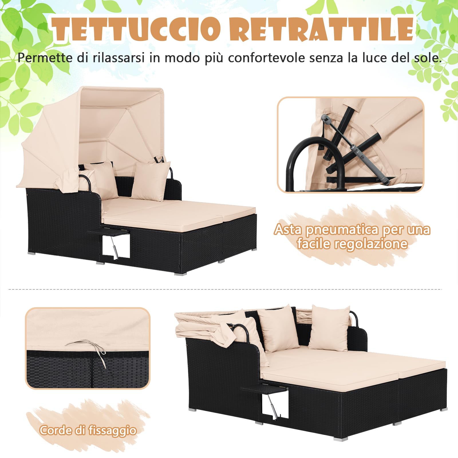 COSTWAY Lettino Prendisole per 2 Persone, Divano Letto Matrimoniale da Esterno in Rattan con Tettuccio Retrattile e Cuscini, Isola Prendisole per Giardino Cortile Balcone,165 x 153 x 138 cm (Beige)