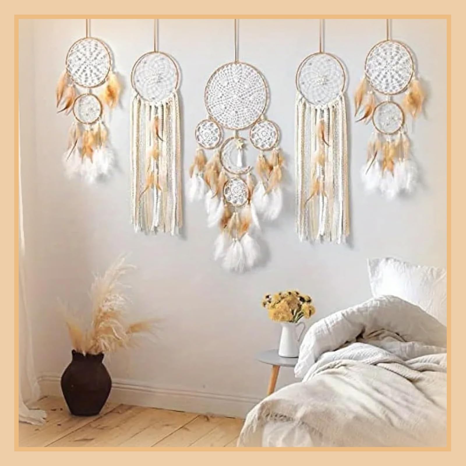 Juego de atrapasueños para colgar en la pared, diseño de luna y sol, plumas hechas a mano, decoración bohemia de habitación, marrón, 5 piezas
