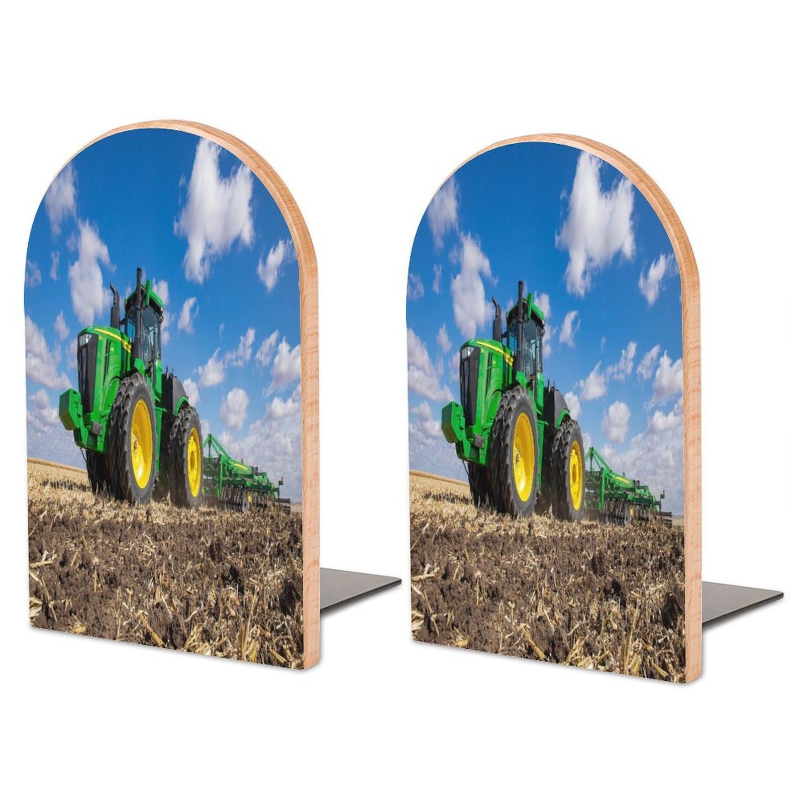 Sujetalibros de madera rústica con diseño de tractor y base de metal grande