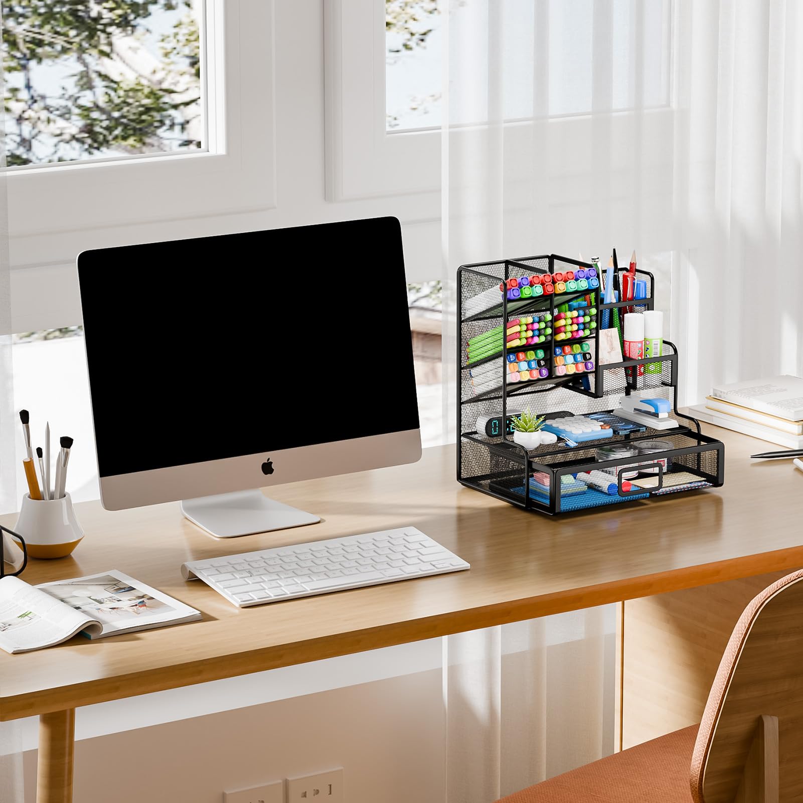 Organiseur de Bureau en Maille,Porte-Stylos Multifonctionnel, Organisateur de Papeterie,Rangement de Bureau et Tiroir pour à Domicile (Noir)