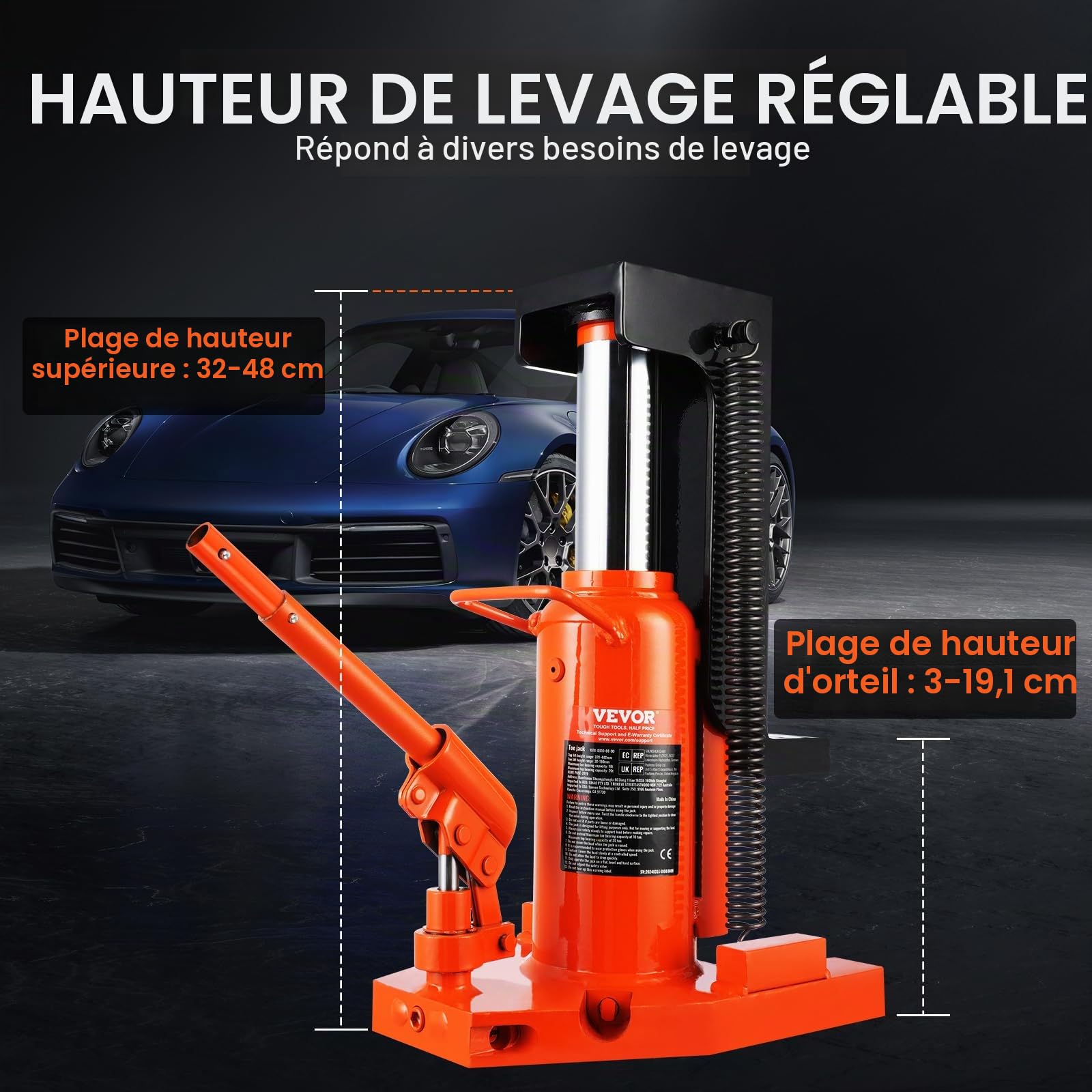 VEVOR Cric à Patte 10 T à la Patte, Cric Hydraulique pour Machines Capacité de Levage 20 T en Haut, Hauteur de la Patte 30-190 mm, Hauteur du Dessus 320-480 mm, pour Levage des Machines, Industrie