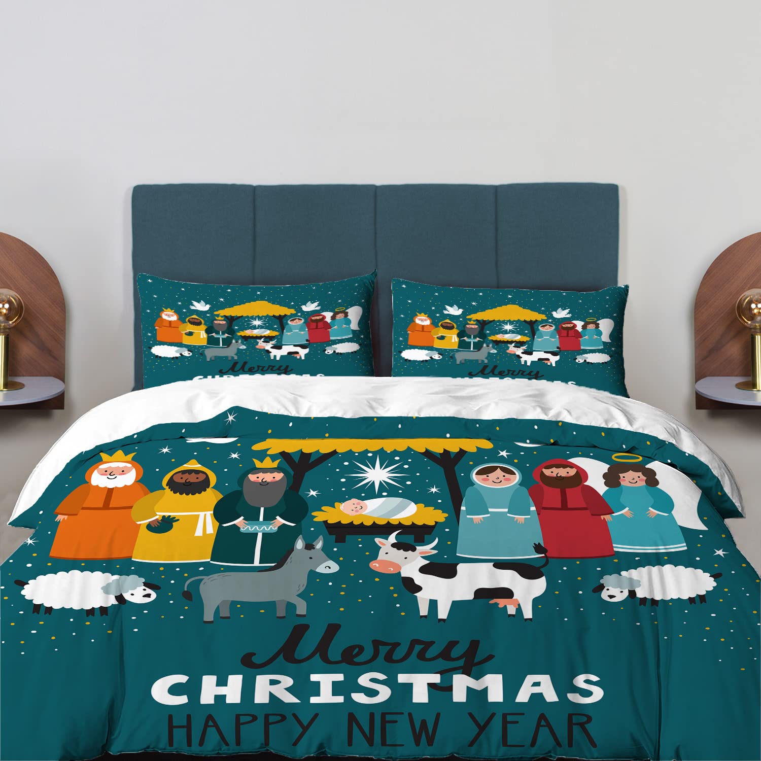 BaoNews Dark Green Christmas Christianity Duvet Cover Set Twin Size,3 Pieces White Cartoon Starry Sky Bedding Set Hotel Quality 100% Cotton Comforter Cover Set with 2 Pillowcases(No Filler)