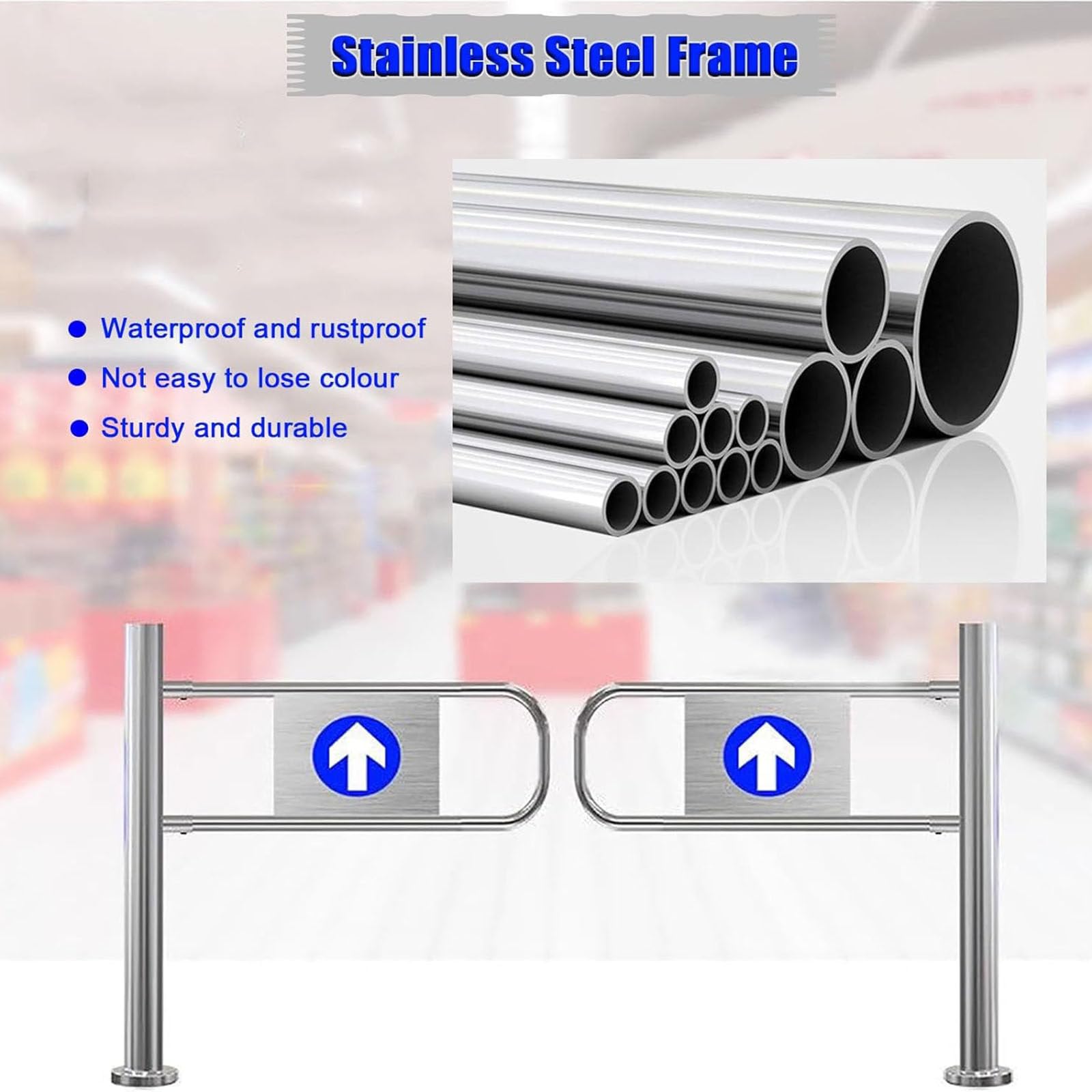 Puerta de seguridad oscilante resistente con cierre de resorte, apertura de 90°, barrera de metal, mecanismo de bloqueo automático, ideal para seguridad industrial de fábrica y pasillo de supermercado