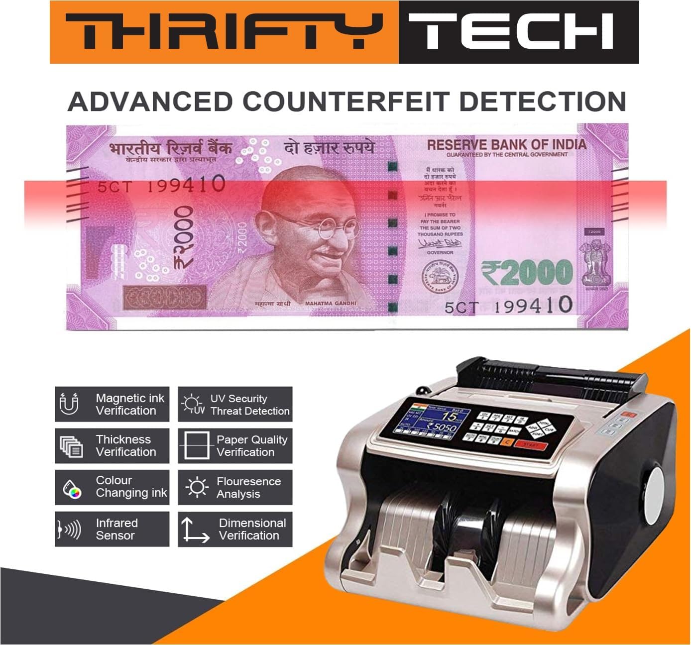 Thrifty Tech 4080 Mix Total Value Latest Updated Super Heavy Duty Note-Currency-Cash-Money-Counting Machine with Fake Note Detection for All Old/New Notes.! 1 Year Warranty (Mix 4080) 1