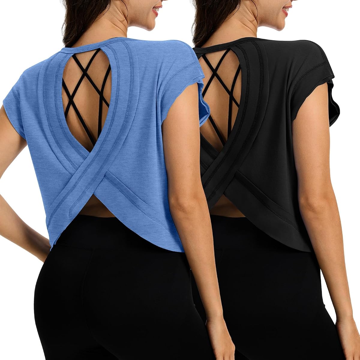 Paquete de 2 camisetas de entrenamiento con espalda abierta para mujer, camisetas atléticas de manga corta sin espalda, camisetas cortas holgadas para correr, gimnasio, Yoga