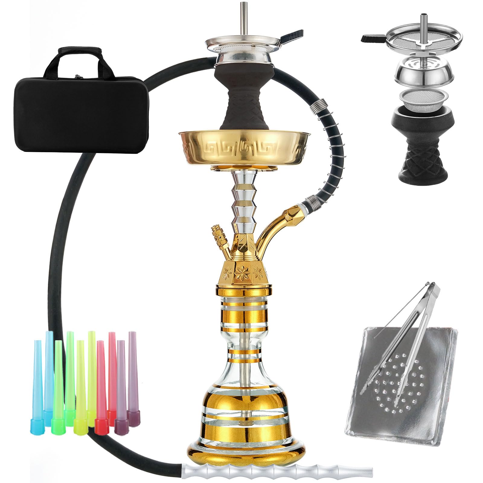 22 Hookah Set With Everything Portable Shisha Kit with Travel Case Glass Vase Silicone Bowl Coal Tong 50
