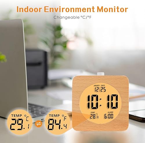 Miniatura 6 de Plumeet Reloj despertador digital de madera para dormitorios, reloj despertador de madera con batería de 4 pulgadas con repetición y luz nocturna,