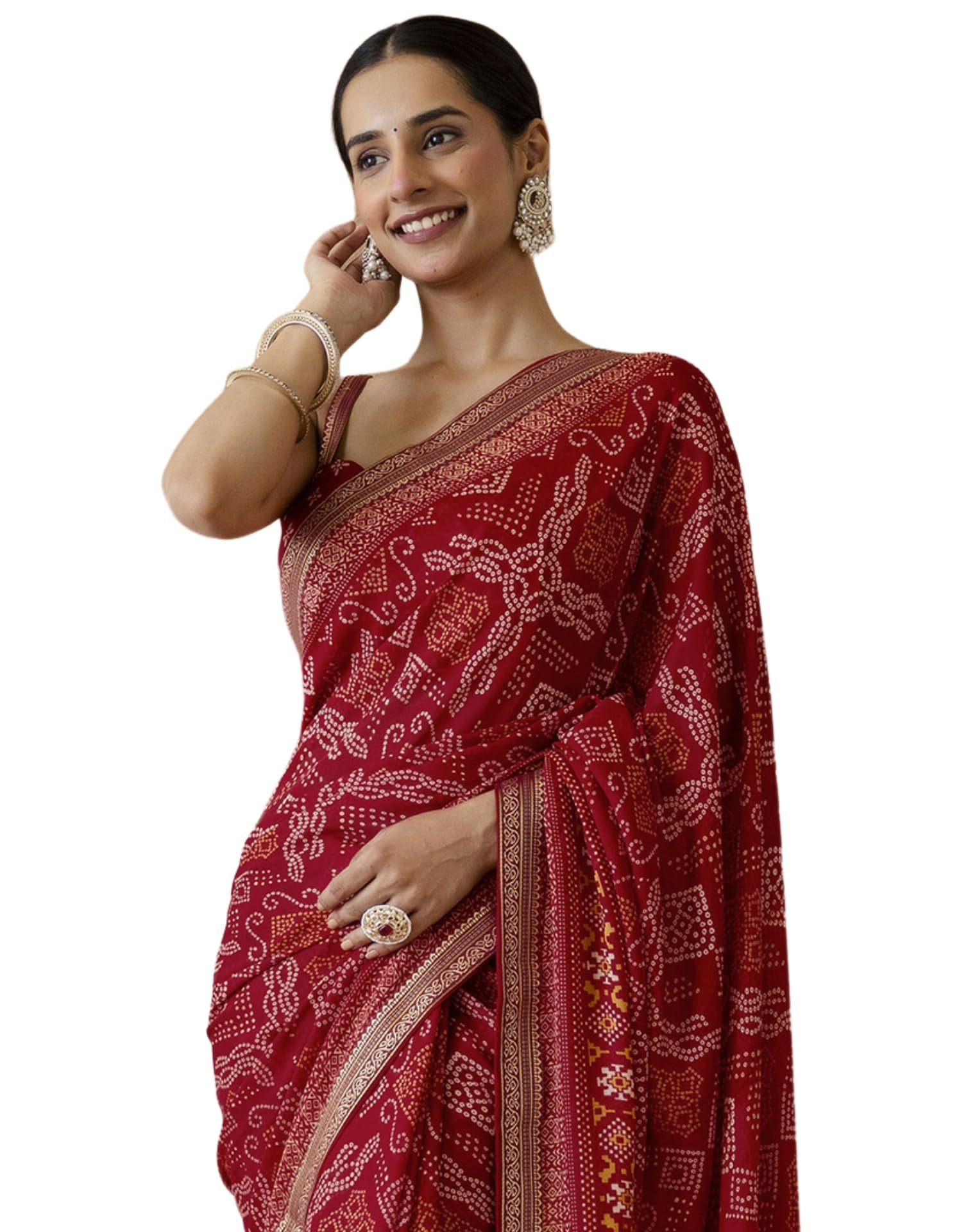 SIRILWomen's Georgette Bandhani Printed Saree With Unstitched Blouse Piece