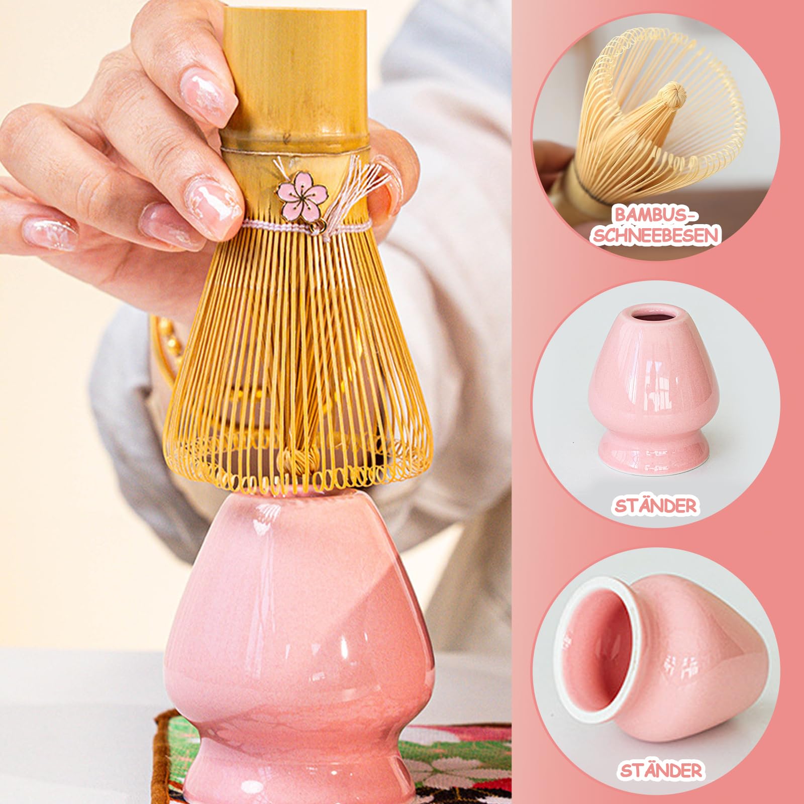 Zestaw Matcha 7-częściowy, różowy, zestaw do herbaty Matcha z trzepaczką Matcha, ceramiczną miseczką Matcha i uchwytem na trzepaczkę oraz sitem