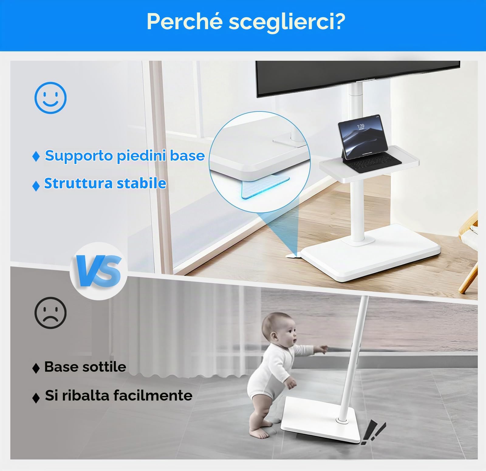 Supporto da pavimento per TV, dotato di staffa compatibile con televisori da 26-55 pollici e di peso non superiore a 77 libbre, regolabile in altezza, ruotabile e inclinabile,bianco