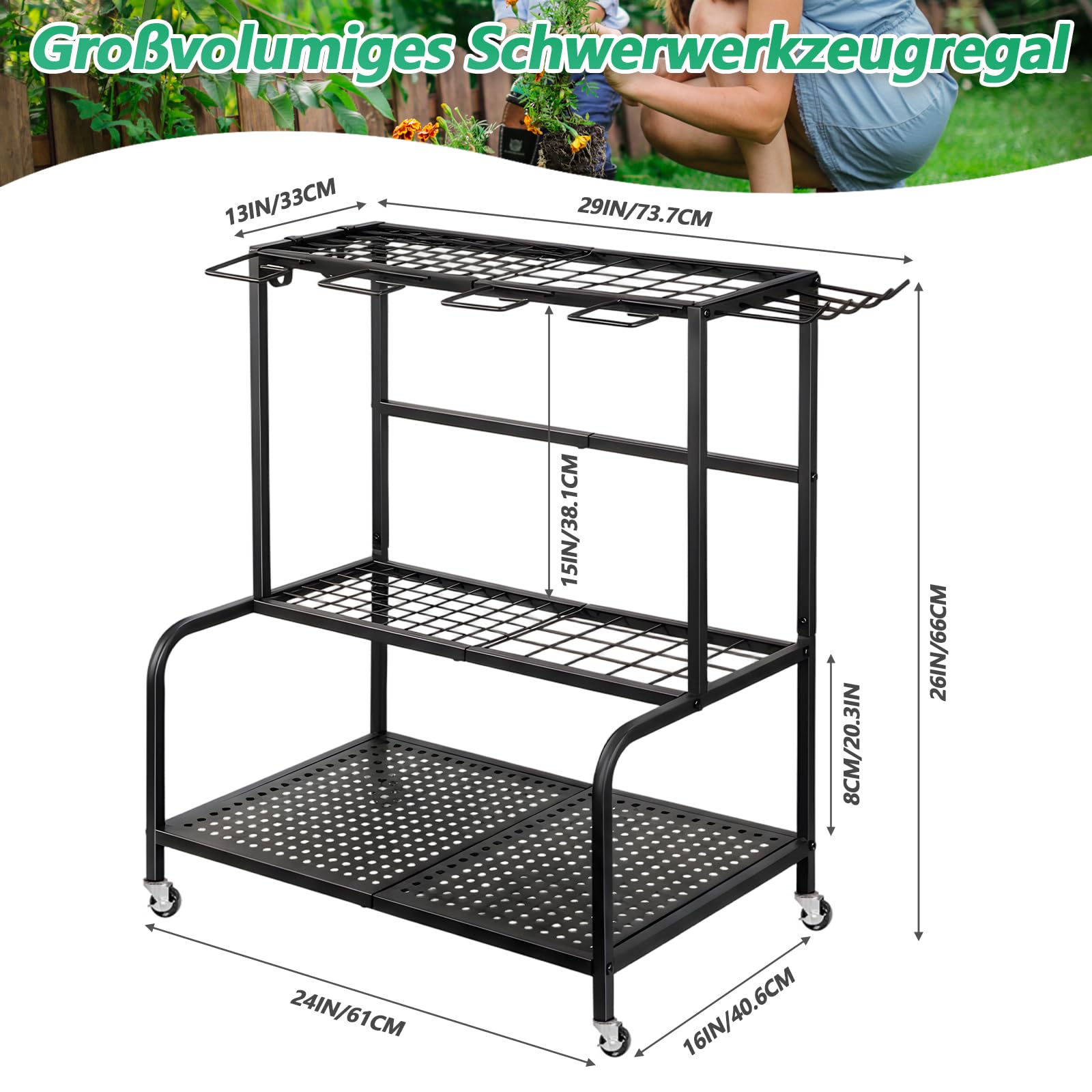 Gartengeräte Ständer 61X41X66cm Gerätehalter Organizer mit 78 Ablagefächern, Gartengeräteaufbewahrungsregal mit 11 Haken und 360° Schwenkbaren Rädern, Metall Gartenwerkzeug Halter Schwarz