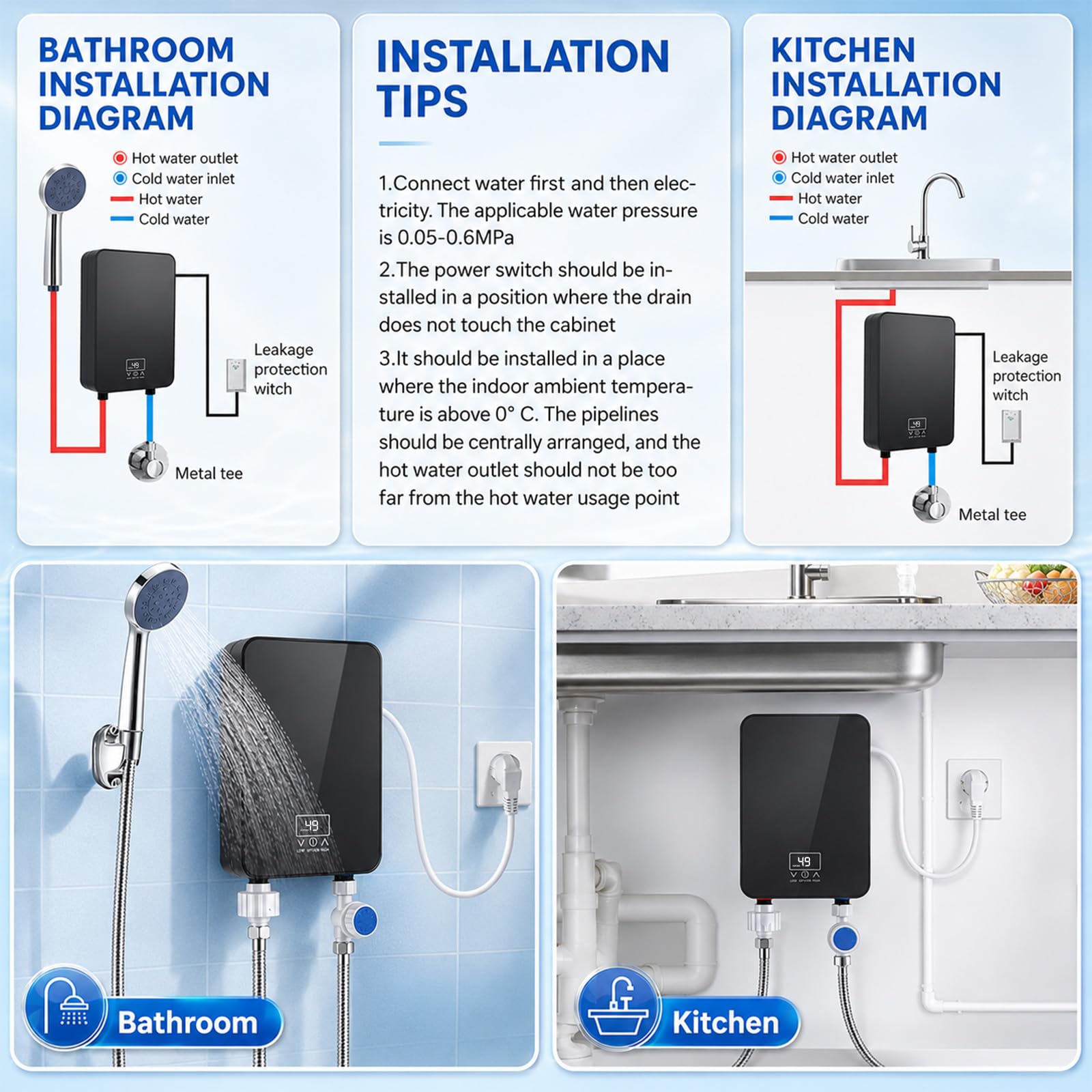 Chauffe-eau électrique sans réservoir avec LED, 5500 W, 220 V, contrôlé électroniquement, pour douche, salle de bain, cuisine (B)