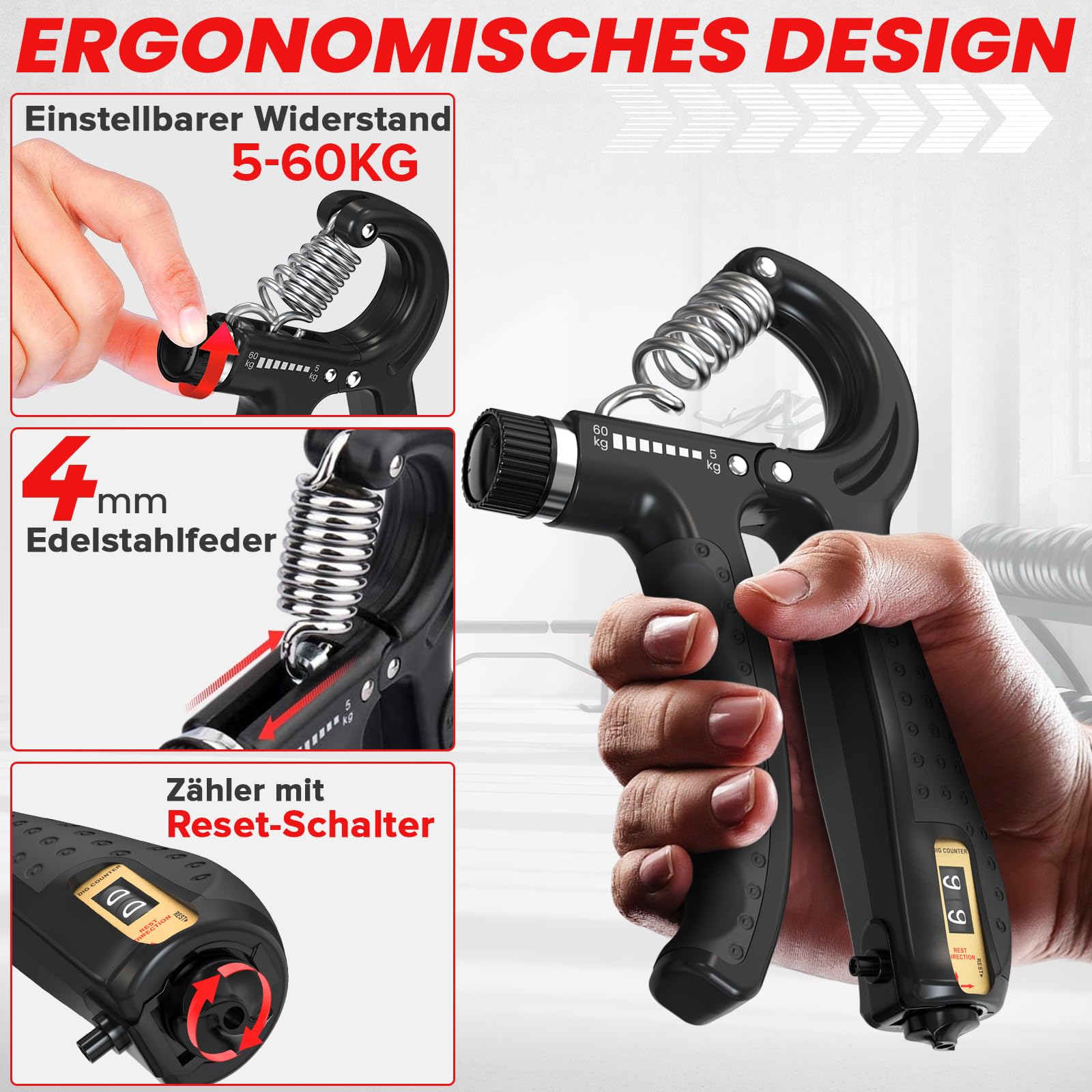 FUNFLEX Handtrainer Fingertrainer, Verstellbares Griffkraft Trainer Set -5-Teilig- Unterarmtrainer, Fingerstrecker Neopren Handgelenk Band - Finger Grifftrainer - Grip Ring, Hand & Unterarm Training