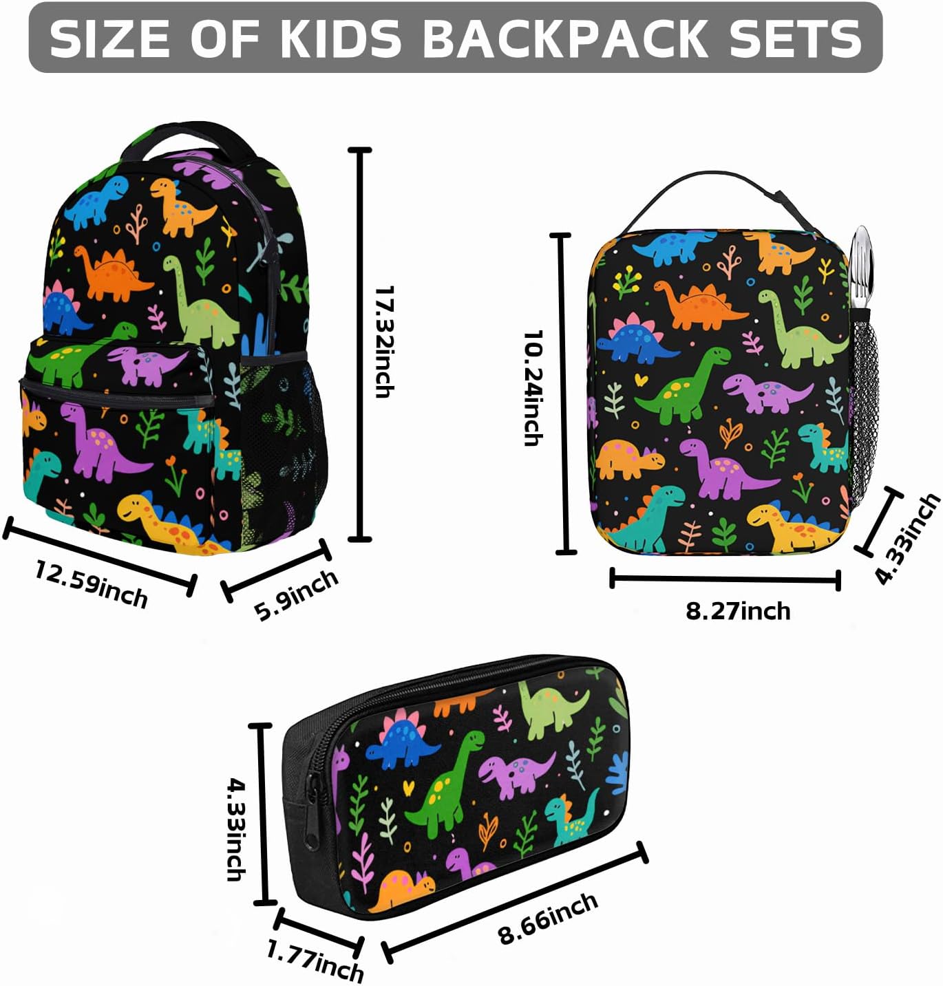 Kids Backpack With Lunch Box, Lightweight School 3 Set, Kids Dinosaur Backpack Set, Children Teens Elementary Middle School Christmas