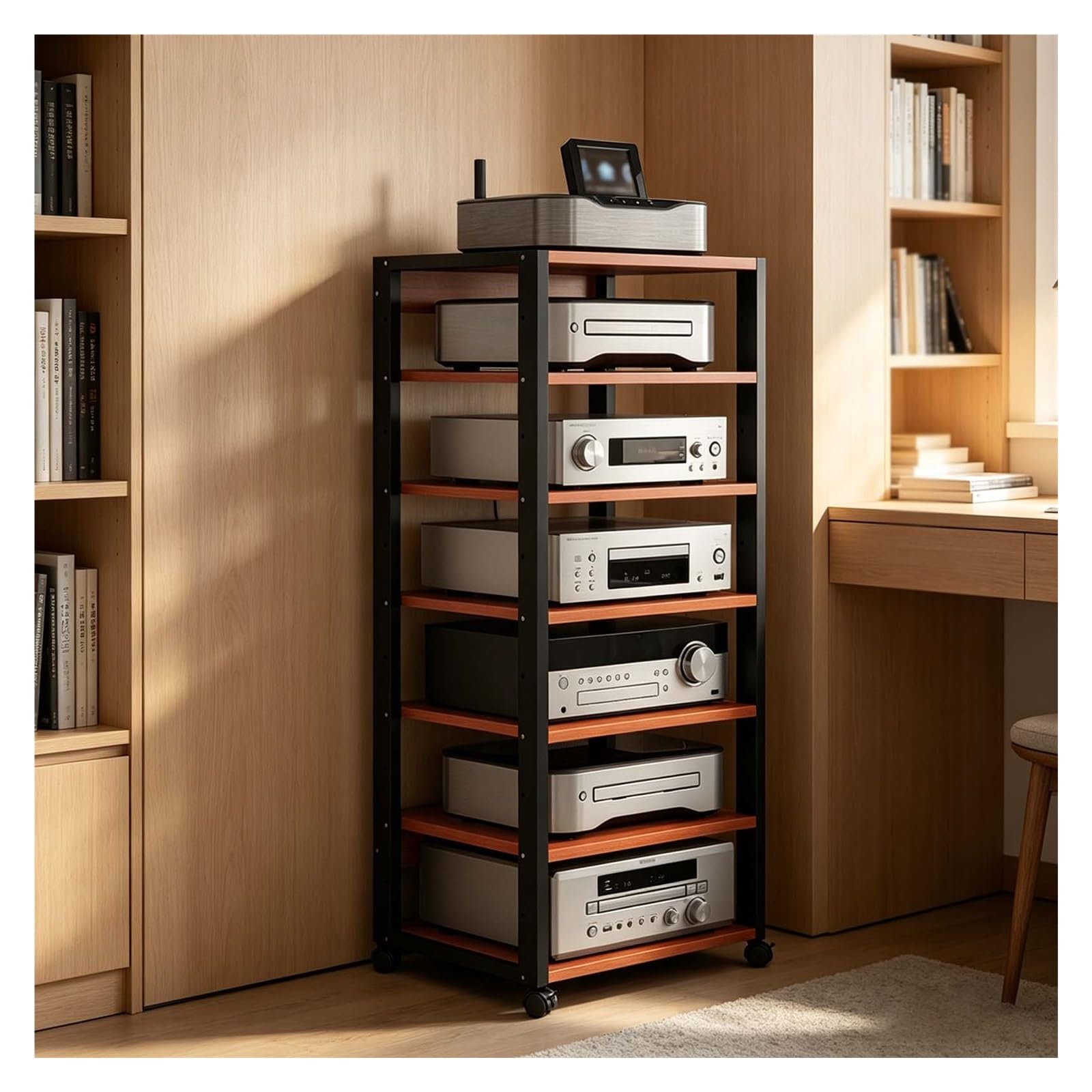 Supporto multimediale video Mensola AV HiFi regolabile a 7 livelli con ruote universali, rack audio mobile for soggiorno, camera da letto, studio(Teak color)
