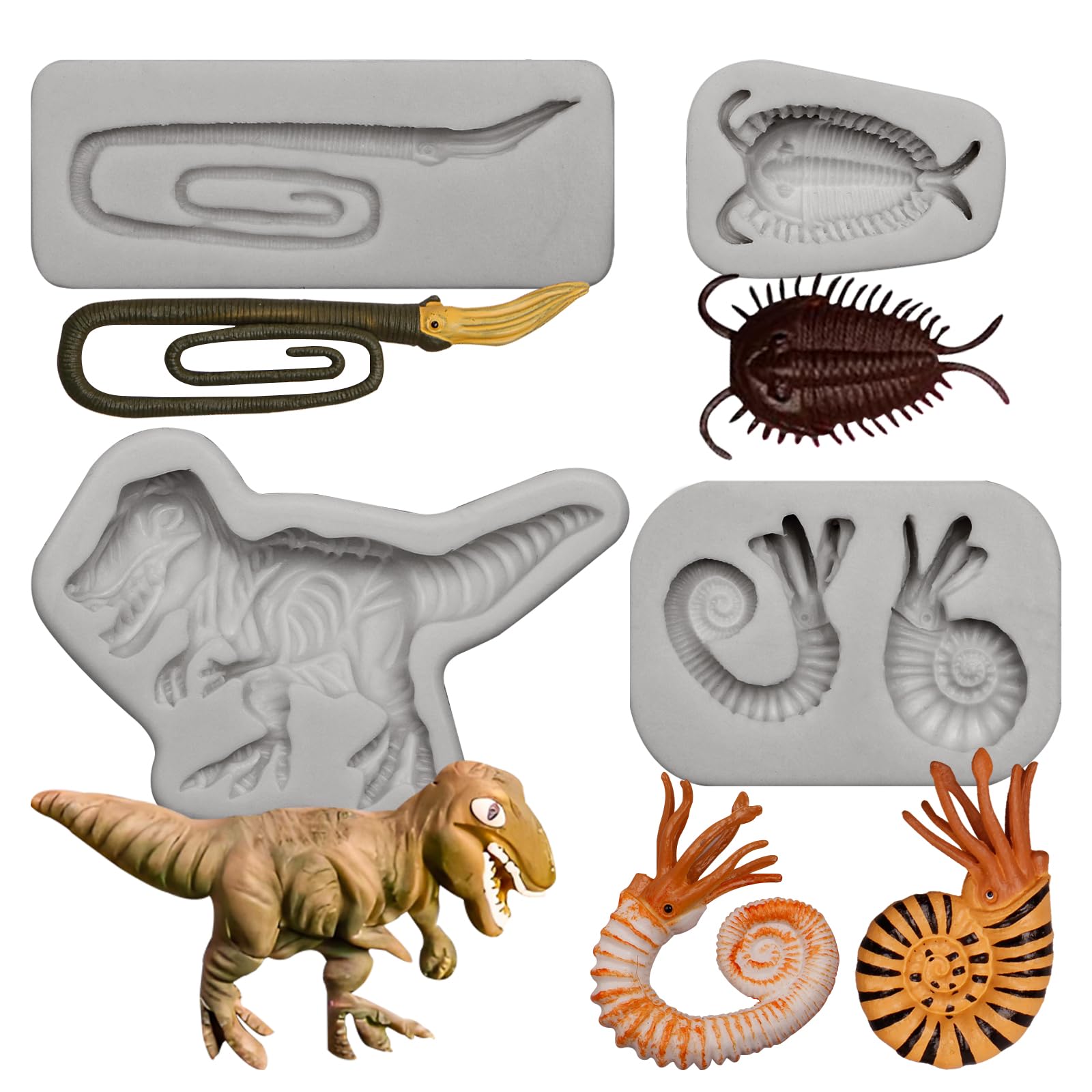Fossil Silicone Resin Molds Set, 4 Pieces, Dinosaur T-Rex, Trilobite, Ammonite Designs for Chocolate Cake Decoration Cupcake Topper