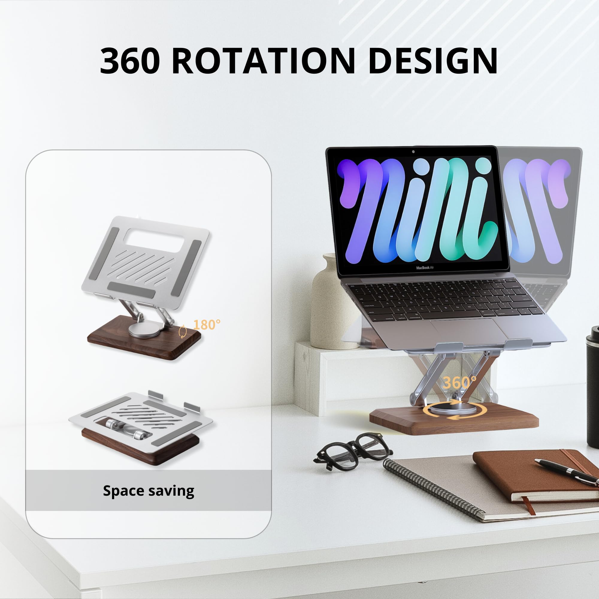 muso wood Supporto per laptop per scrivania, supporto per laptop con base girevole a 360 in noce, supporto regolabile per laptop, supporto ergonomico in legno ventilato per notebook da 10 a 17,3