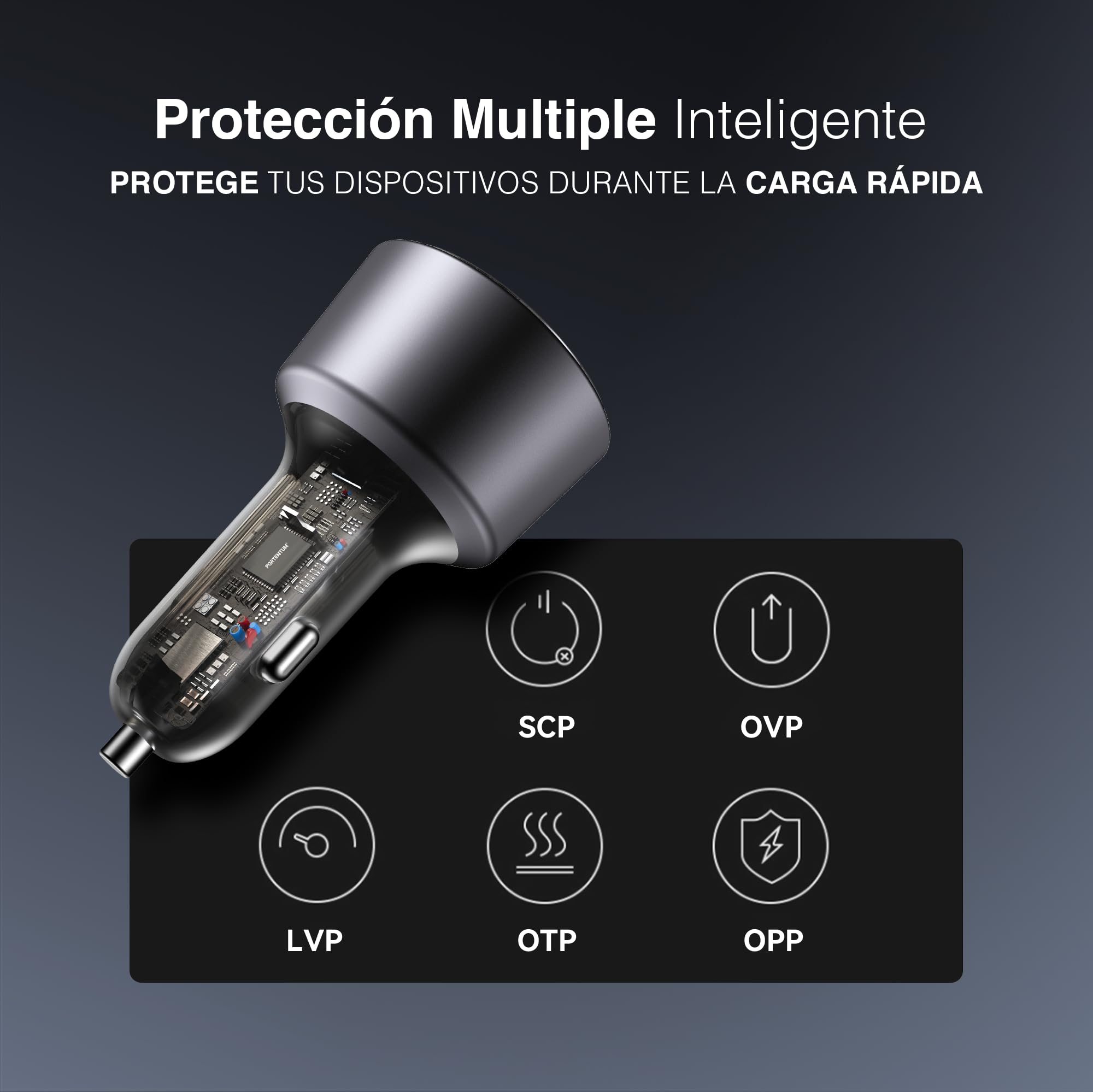 PORTENTUM Triple Cargador Coche Carga Rapida 200W – Incluye Cable de 100W USB-C – 2X USBC PD 100W + USBA QC 18W – Accesorio Mechero – para Macbook Portátil iPhone iPad Tablet Smarphone Galaxy